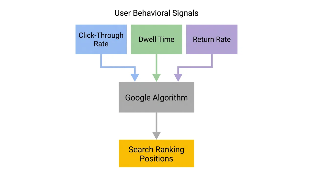 Diagram: behavioural signals → search algorithm → SERP rankings