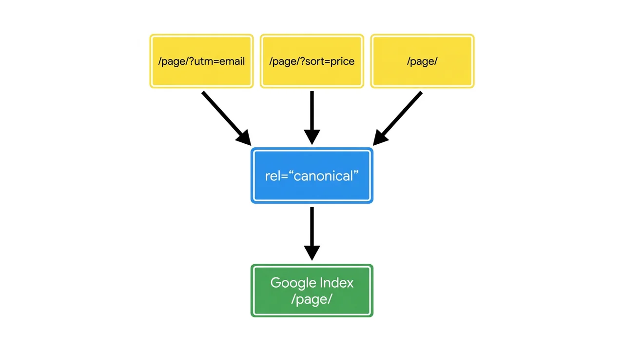 Diagram: duplicate URLs → rel=canonical → single primary page in Google index