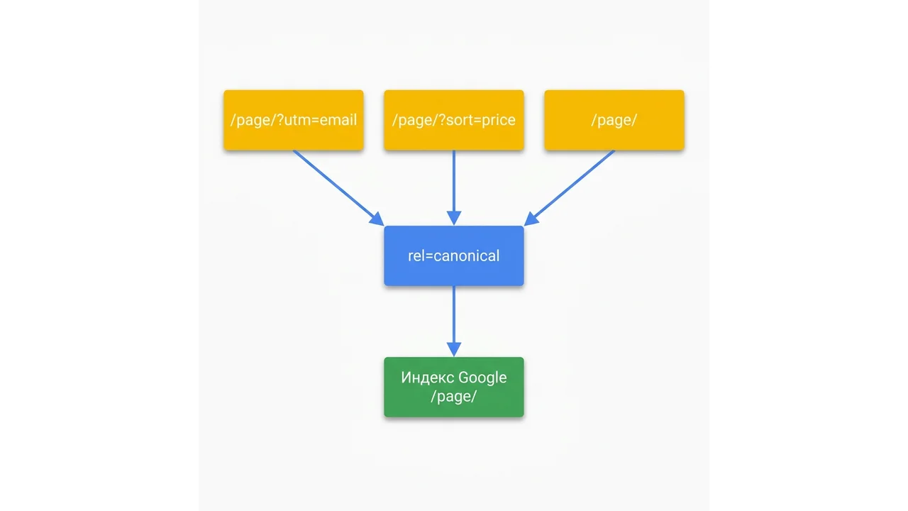 Схема: дубли URL → rel=canonical → единая основная страница в индексе Google