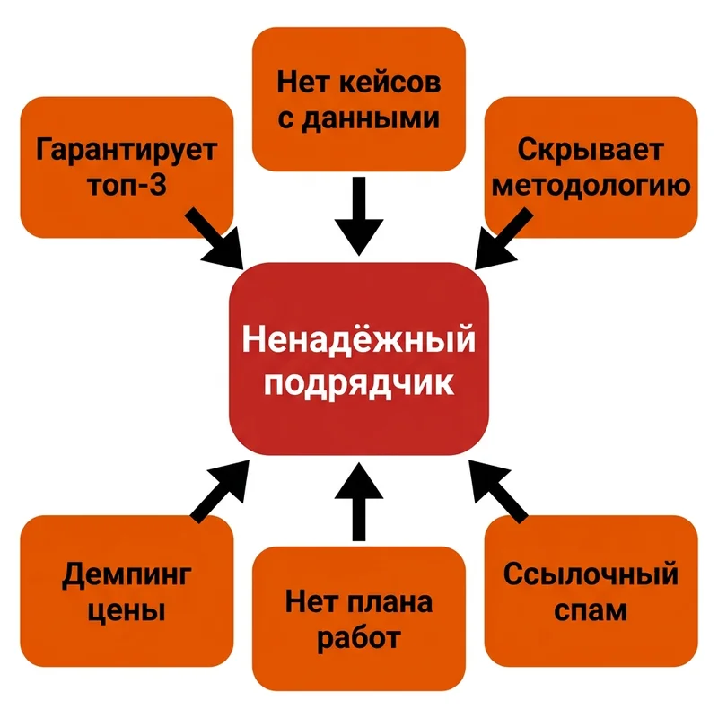 Шесть главных признаков ненадёжного SEO-подрядчика в виде диаграммы