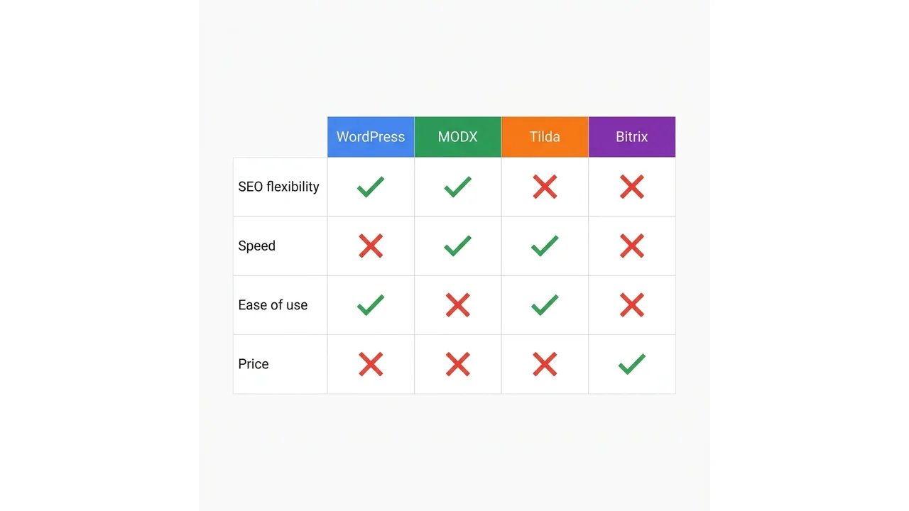 CMS comparison by SEO criteria: WordPress, MODX, Tilda, Bitrix