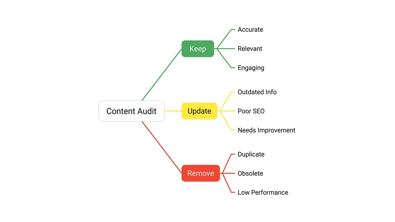 Content audit decision flow: Keep, Update, Delete