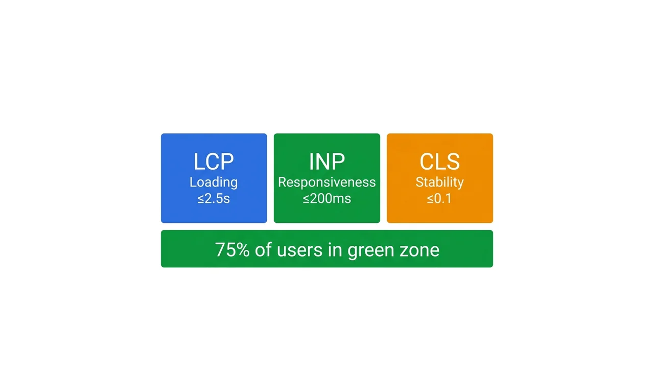 Diagram: three Core Web Vitals metrics — LCP, INP, CLS — with their thresholds