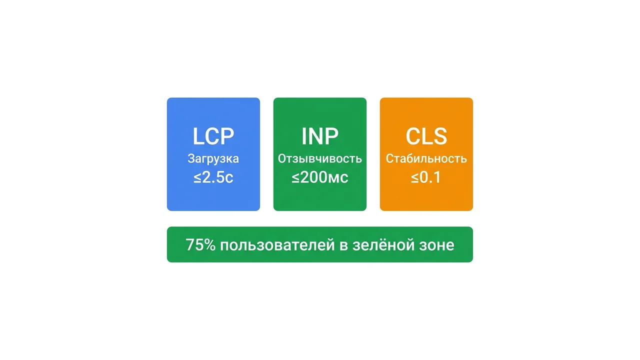 Схема: три метрики Core Web Vitals — LCP, INP, CLS и пороговые значения