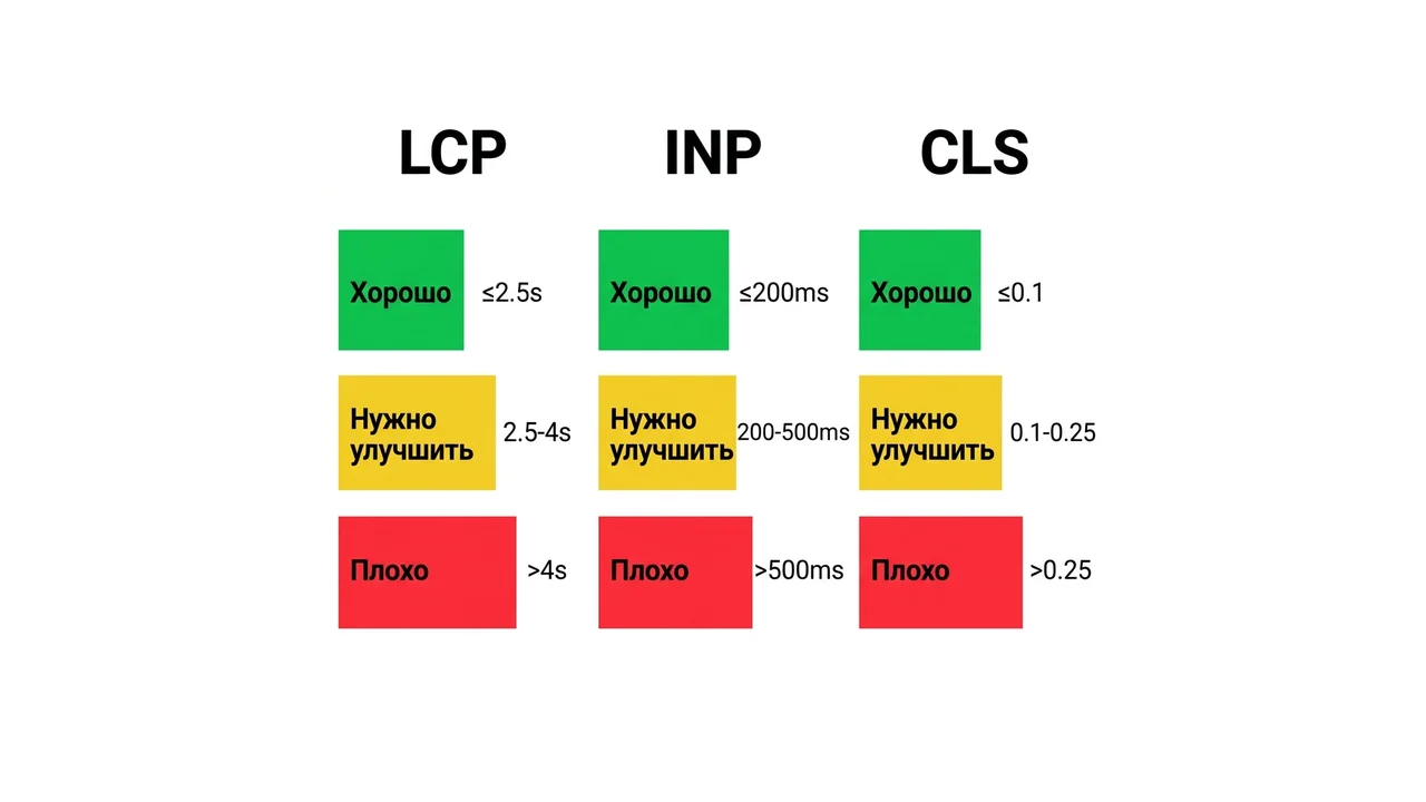 Core Web Vitals: пороговые значения LCP, INP, CLS