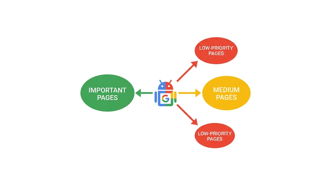Diagram: Googlebot distributes crawl budget between valuable URLs and budget-wasting pages