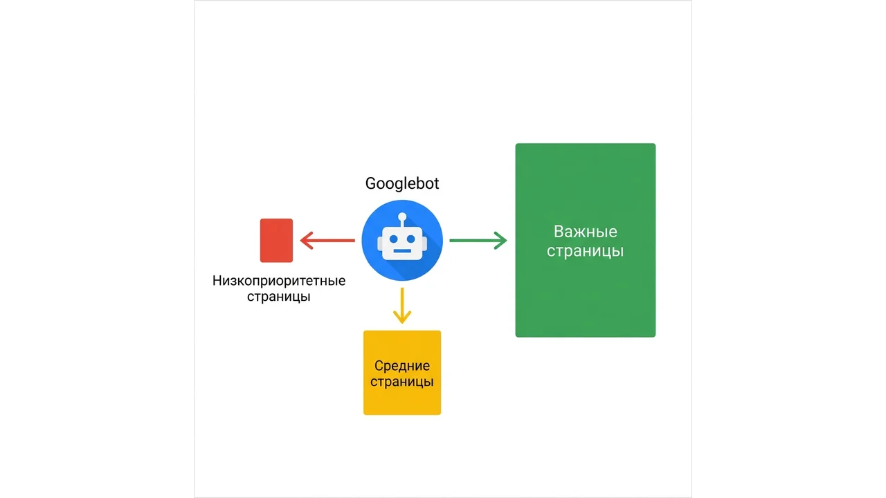 Схема: Googlebot распределяет краулинговый бюджет между полезными URL и страницами-«сливами»