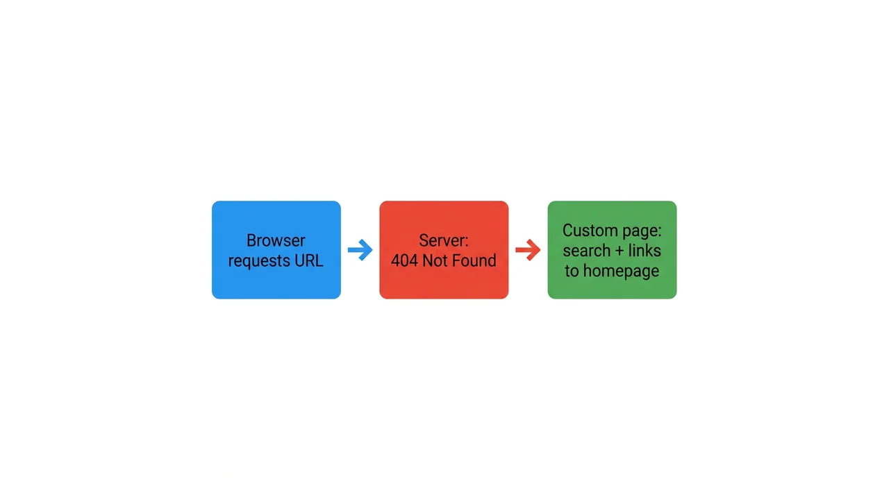 Flow: 404 error → custom page with navigation links