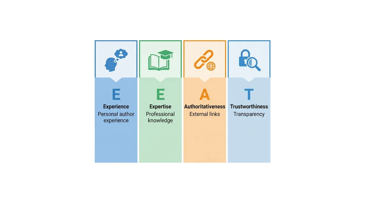 Diagram: four E-E-A-T pillars — Experience, Expertise, Authoritativeness, Trustworthiness