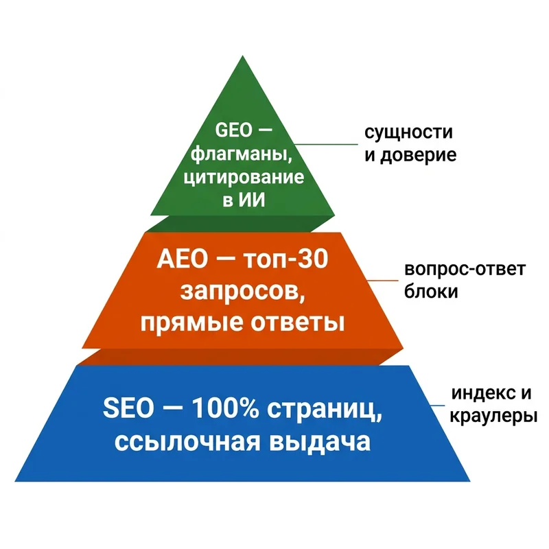 Пирамида SEO, AEO и GEO — три слоя оптимизации