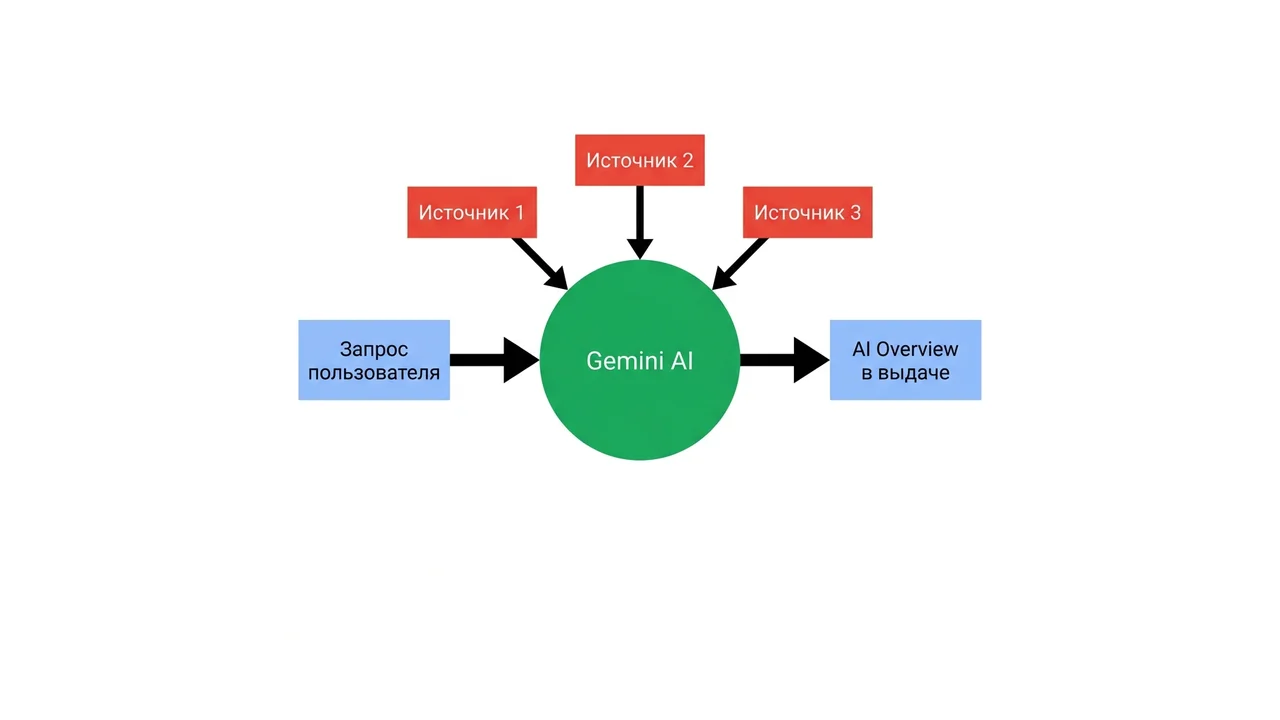 Схема работы Google AI Overviews: от запроса к синтезированному ответу