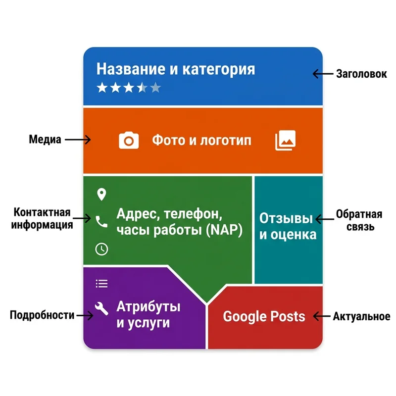 Анатомия карточки Google Business Profile — название, фото, NAP, отзывы, атрибуты, Google Posts