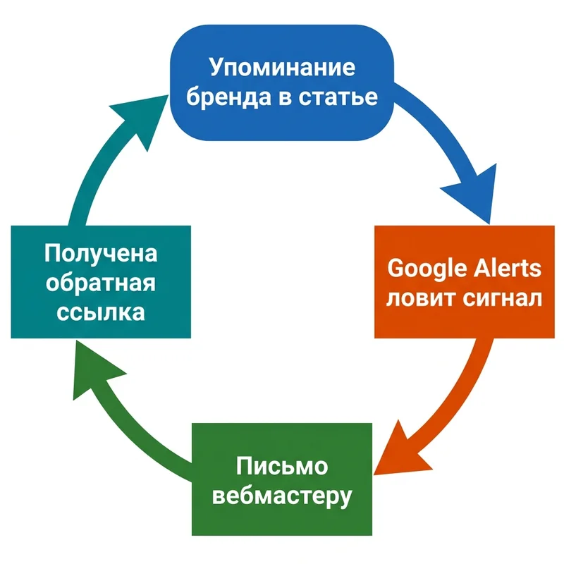 Цикл получения обратной ссылки через Google Alerts — упоминание, сигнал, письмо, ссылка