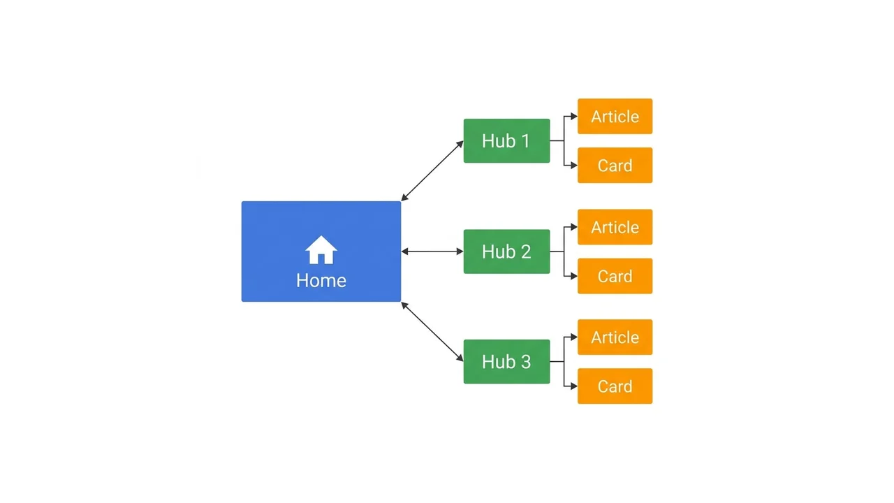 Diagram: hub-and-spoke structure — homepage links hubs, hubs link articles