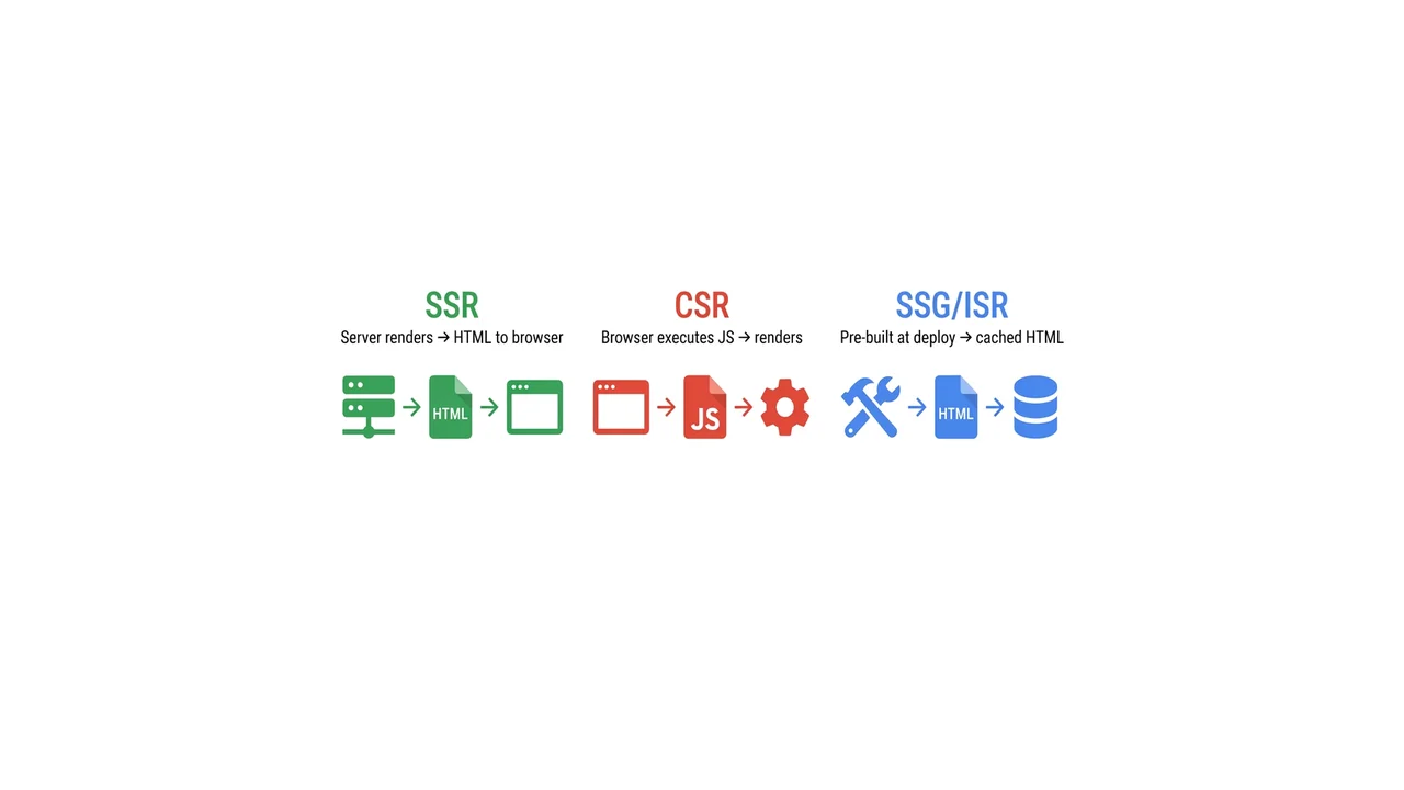 Diagram: three rendering pipelines — SSR, CSR, SSG/ISR — and their SEO impact
