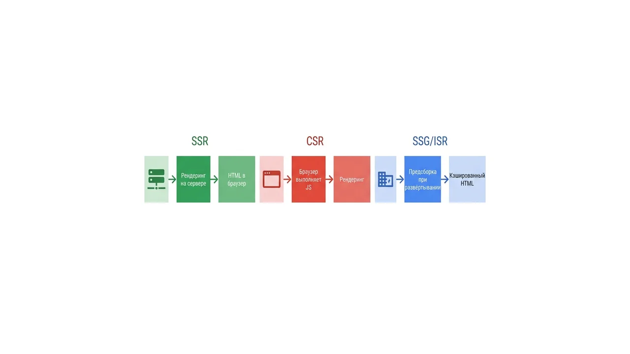 Схема: три пайплайна рендеринга — SSR, CSR, SSG/ISR — и их влияние на SEO