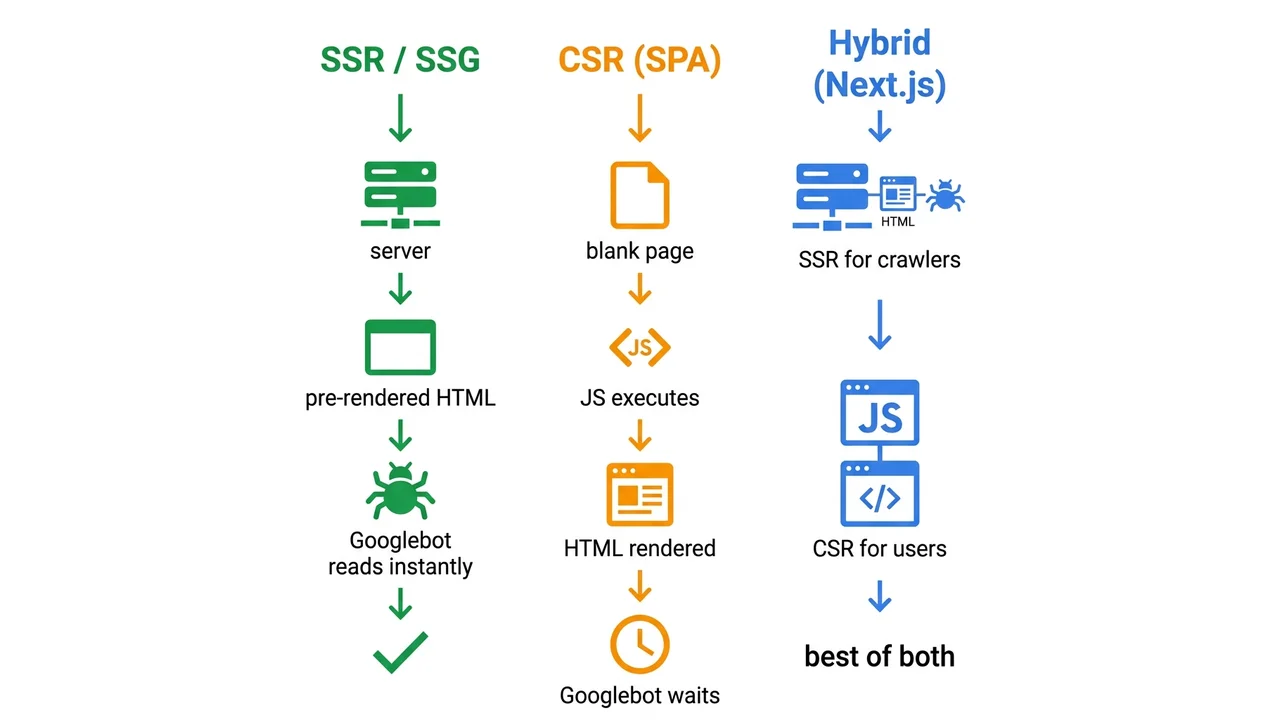 SSR vs CSR vs hybrid rendering: what Googlebot sees