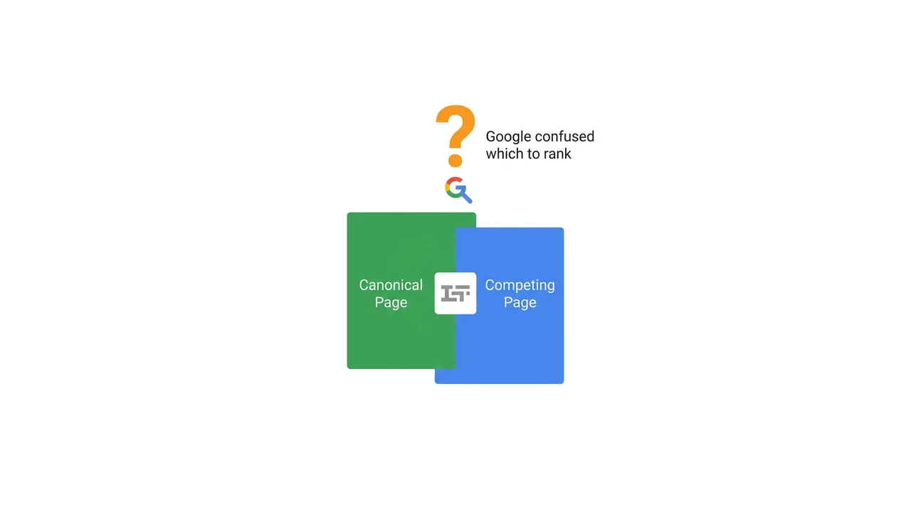 Keyword cannibalization diagram: two pages competing for the same query