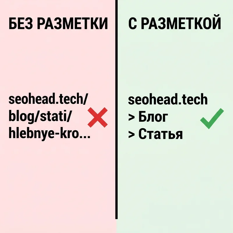Сравнение сниппета без разметки и с BreadcrumbList