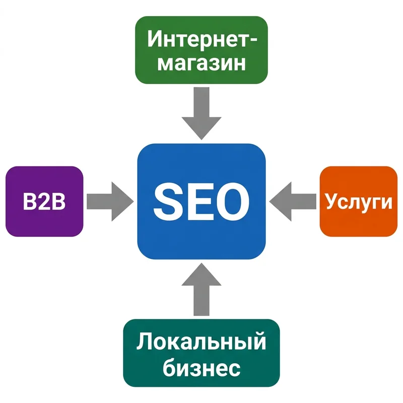 Сегменты бизнеса, для которых SEO работает лучше всего: e-commerce, услуги с отложенным спросом, локальный бизнес, B2B