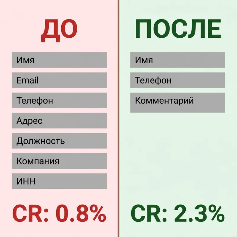 Сравнение форм до и после оптимизации: 7 полей против 3