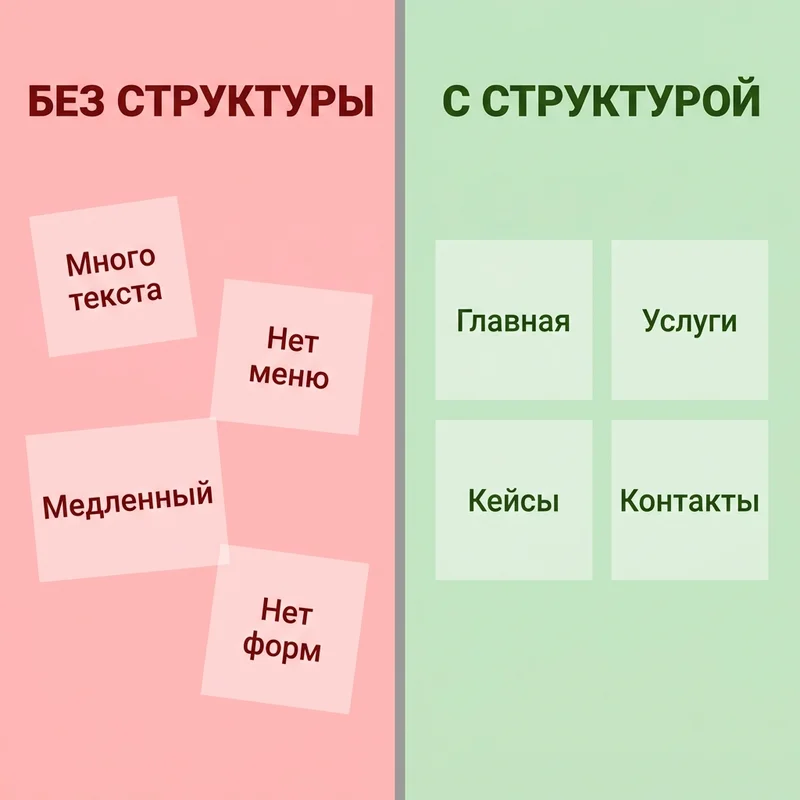 Сравнение: сайт без структуры и корпоративный сайт с правильной архитектурой