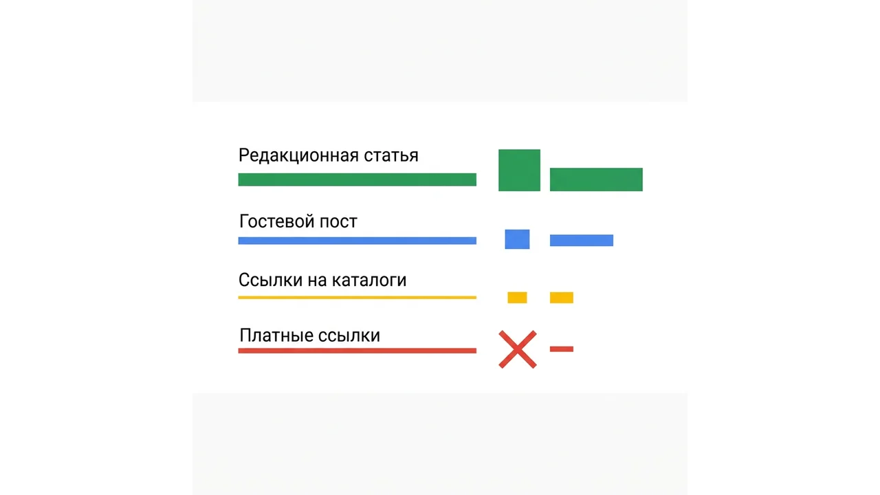 Схема: типы ссылок и их вес — редакционные, гостевые, каталоги — и итоговый рост PageRank