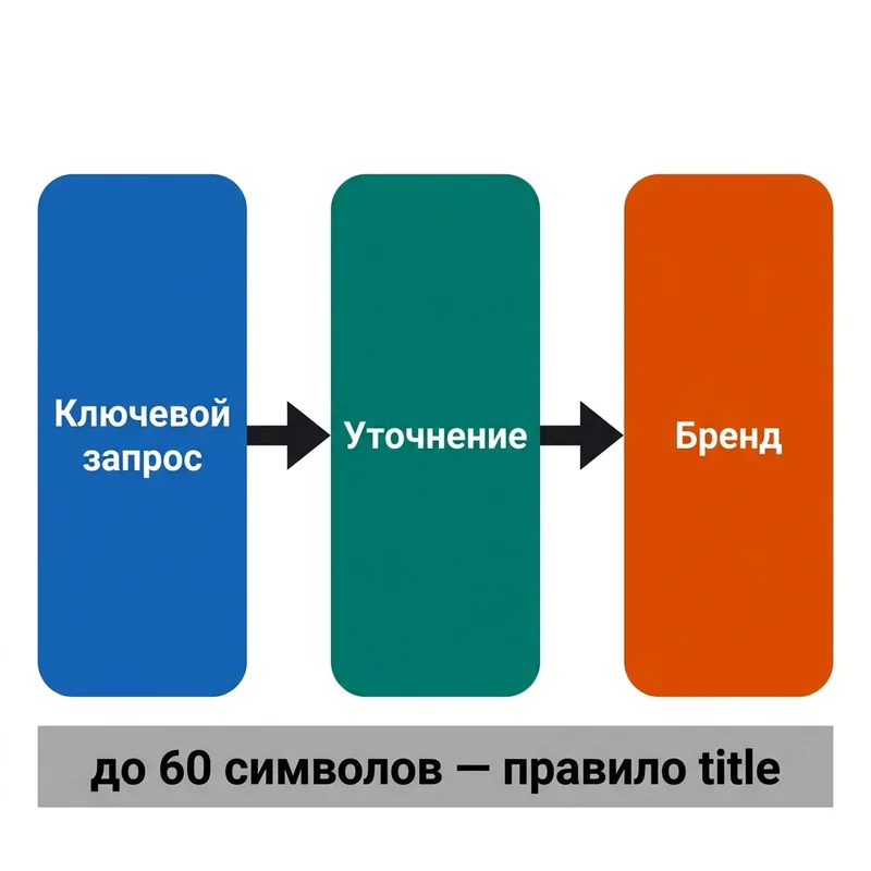 Структура тега title: ключевой запрос, уточнение, бренд