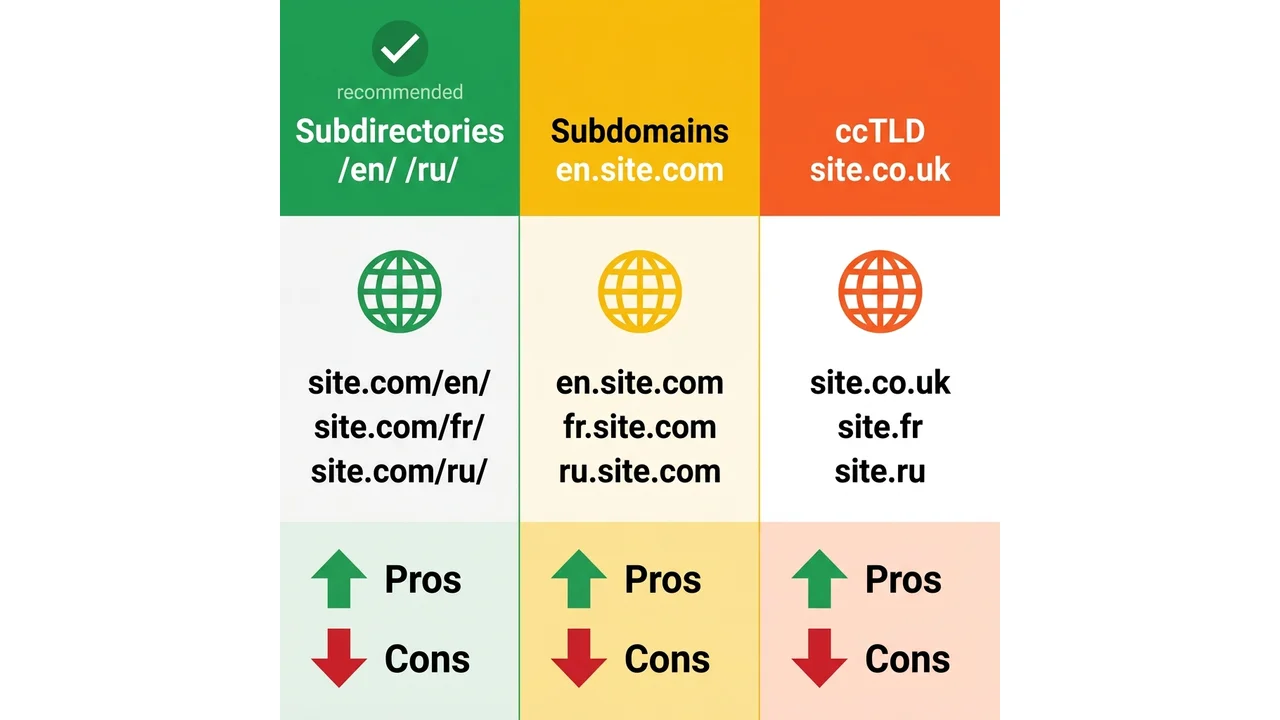 Three multilingual SEO approaches: subdirectories, subdomains, ccTLD