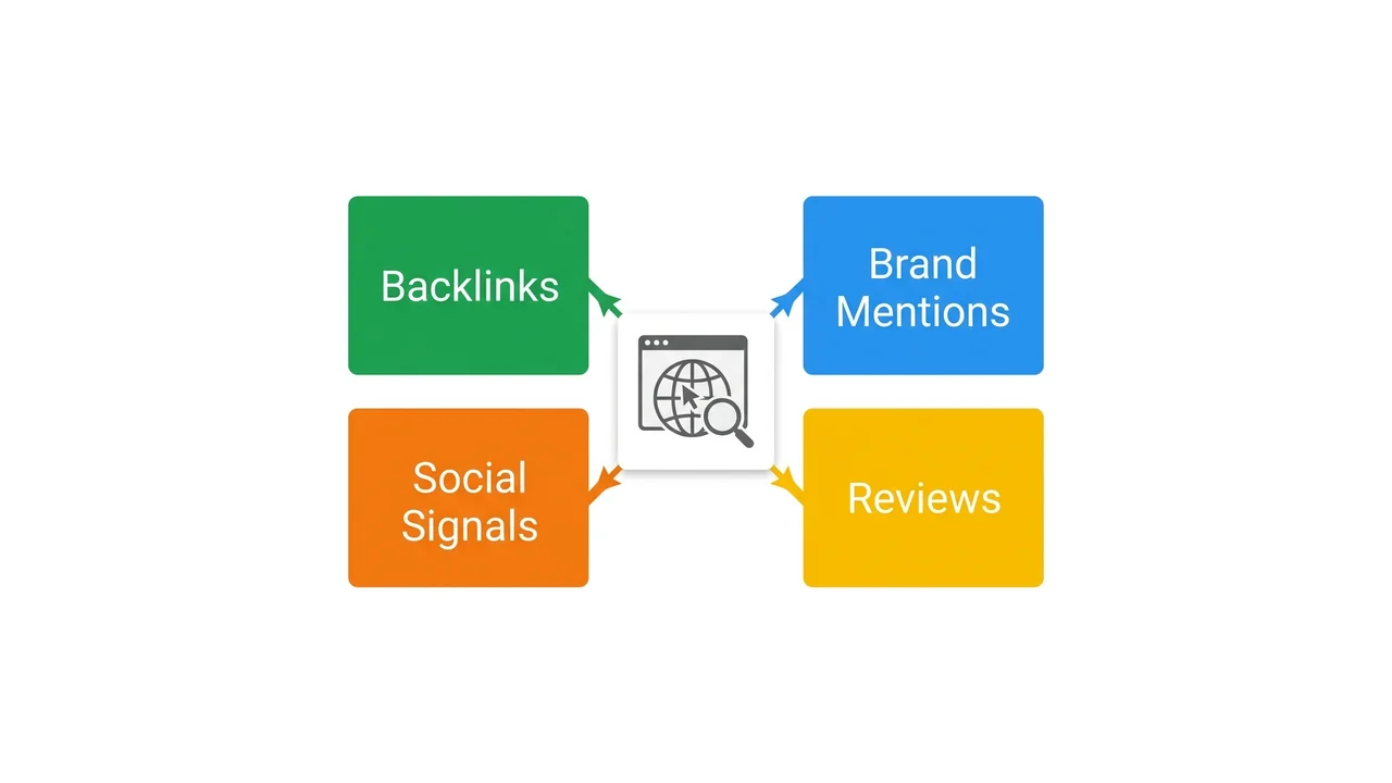 Diagram: four off-page factors — backlinks, mentions, social, reviews — combine into domain authority