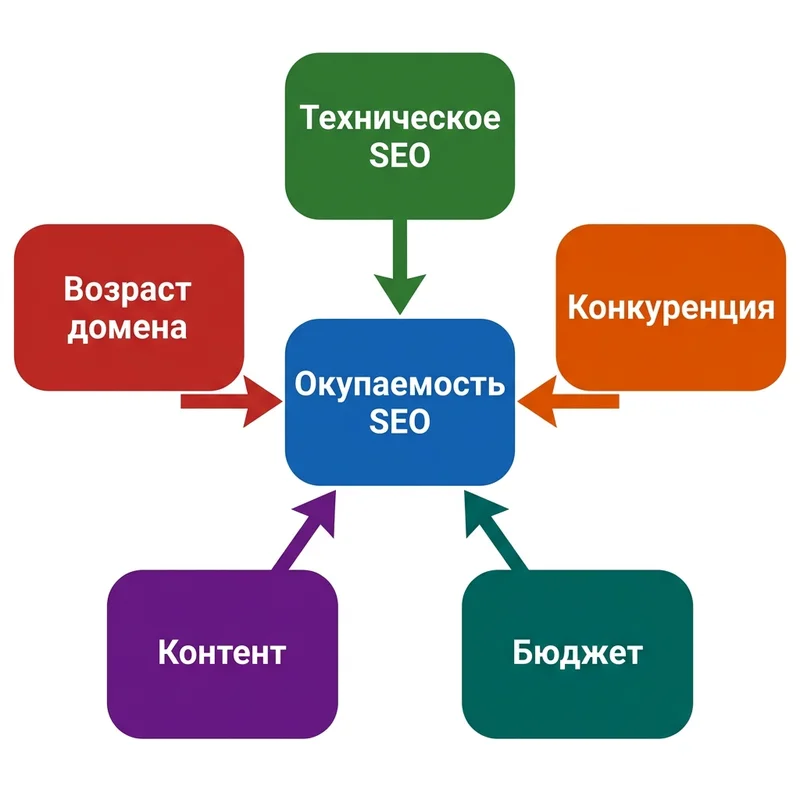 Пять факторов окупаемости SEO: технический SEO, конкуренция, бюджет, контент, возраст домена