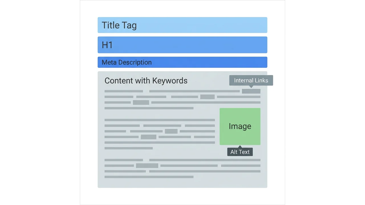 Diagram: key on-page factors on a single page — title, H1, meta, URL, images, links, speed, Schema.org