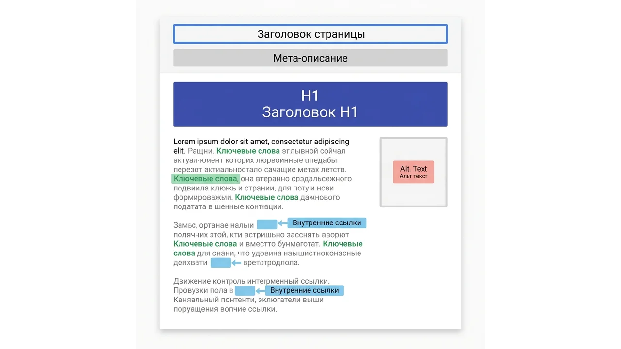 Схема: ключевые on-page факторы на одной странице — title, H1, meta, URL, изображения, ссылки, скорость, Schema.org