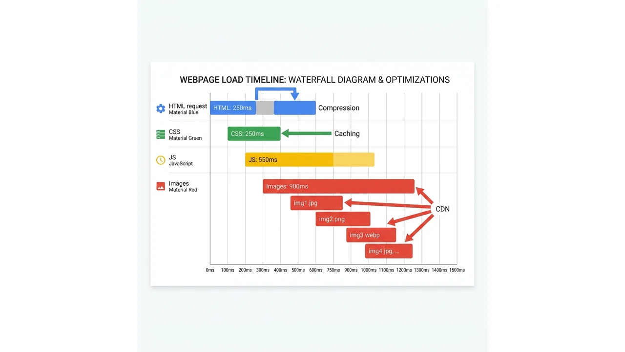 Diagram: page load waterfall — HTML, CSS, JS, images, fonts, third-party scripts