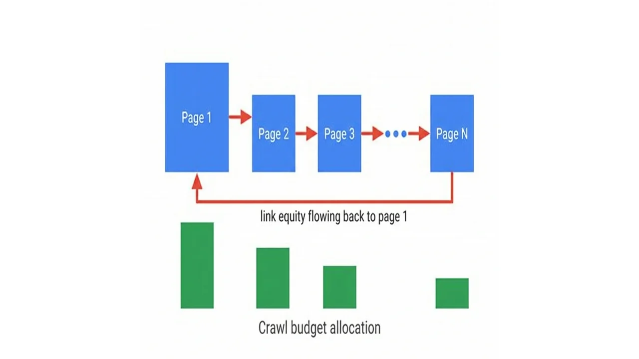 Diagram: Googlebot crawls pagination pages consuming crawl budget
