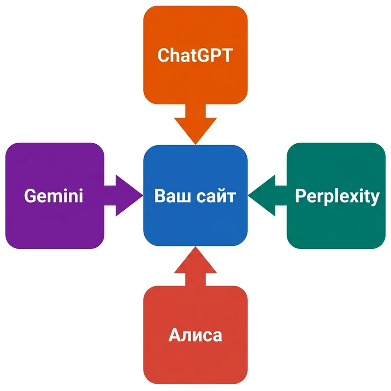 Схема: ваш сайт как источник для четырёх AI-платформ — ChatGPT, Perplexity, Алиса, Gemini