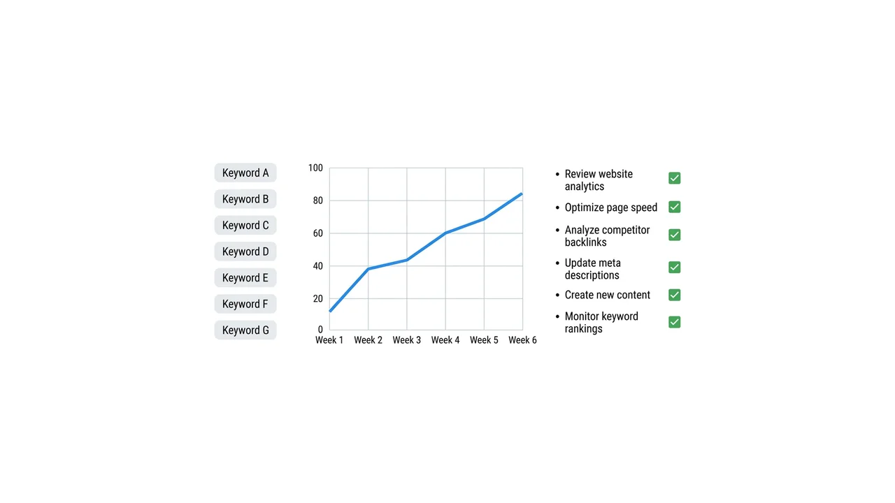 Rank tracking diagram: keywords → daily check → position history