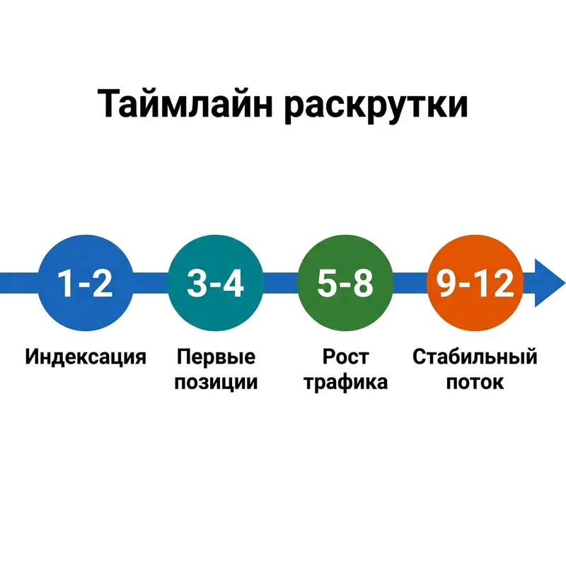 Таймлайн результатов раскрутки сайта по месяцам: индексация, позиции, рост, стабильный поток