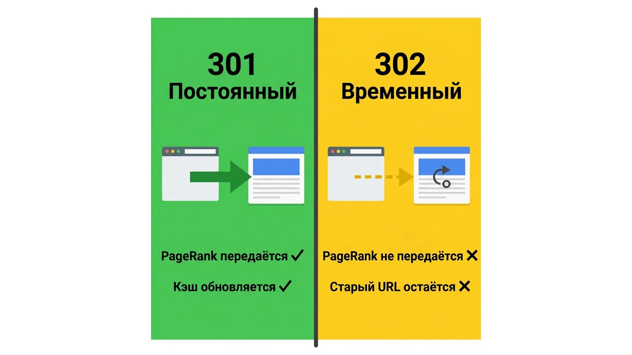 301 vs 302 редирект: разница в передаче PageRank и кэше