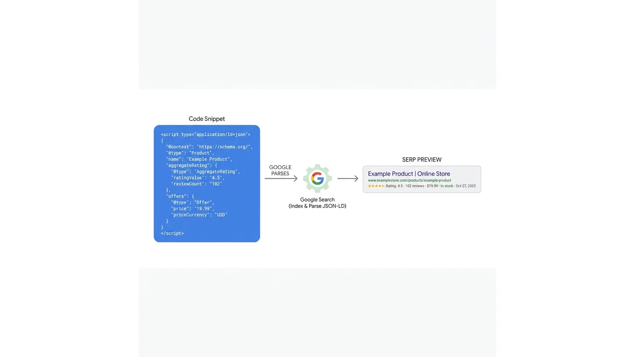 Diagram: JSON-LD markup → Google → rich snippet with rating and price in SERP