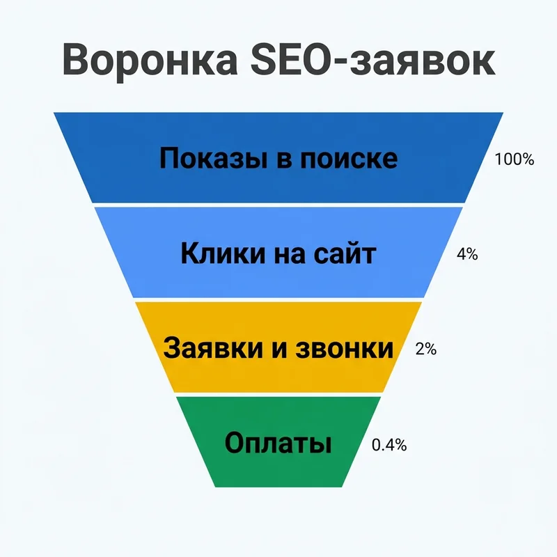 Воронка SEO-заявок: показы 100%, клики 4%, заявки 2%, оплаты 0.4%