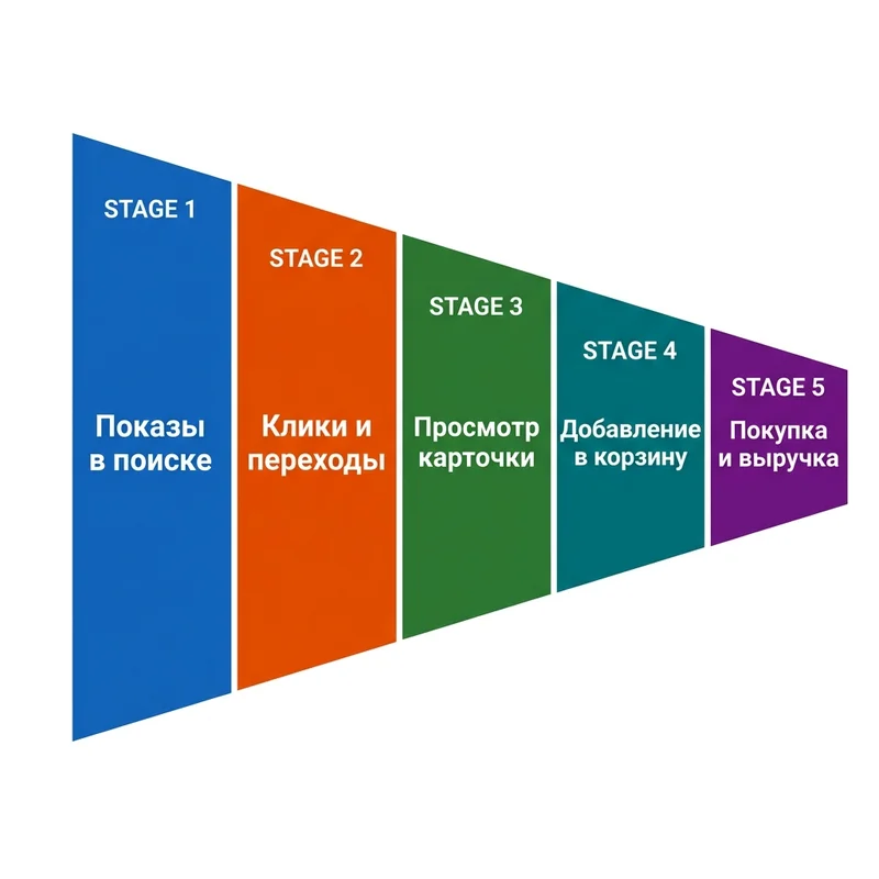 Воронка SEO интернет-магазина — показы, клики, просмотр, корзина, покупка