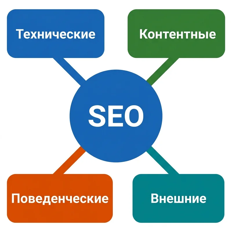 Четыре группы факторов SEO-оптимизации сайта: технические, контентные, поведенческие, внешние