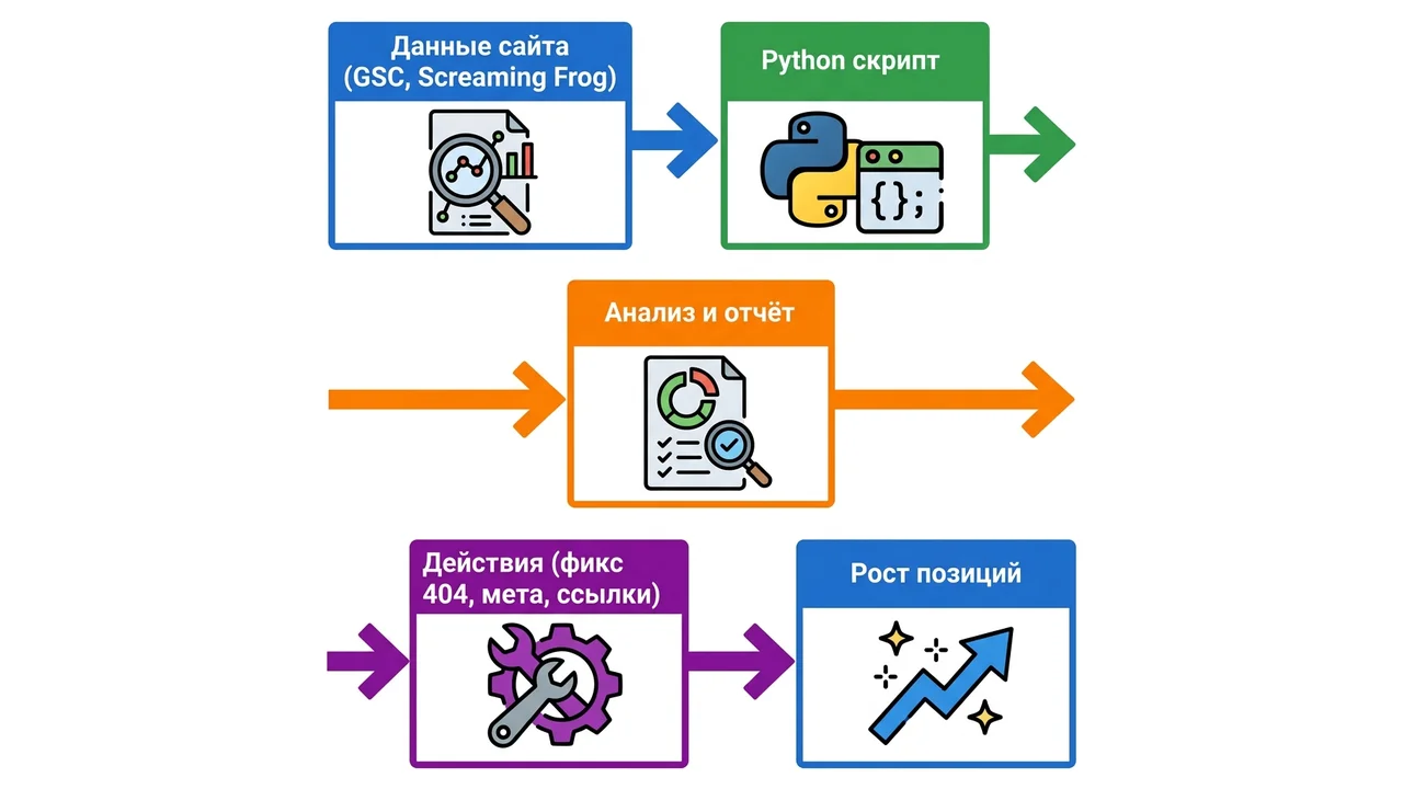 Пайплайн SEO-скриптов: данные → скрипт → действия → рост