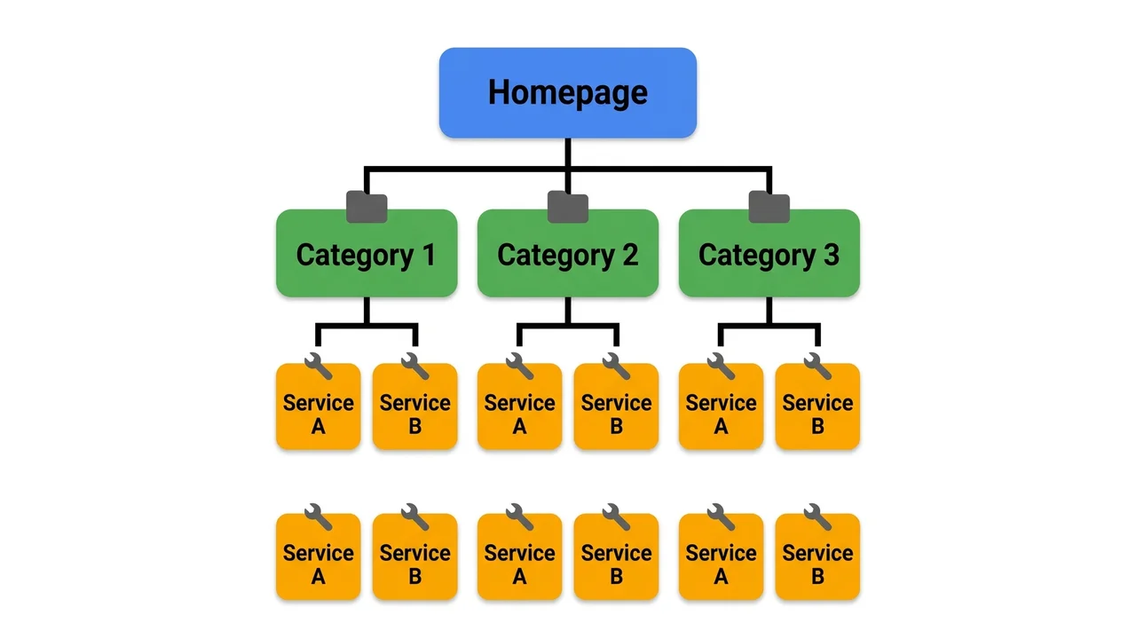 Service website hierarchy: homepage → categories → service pages