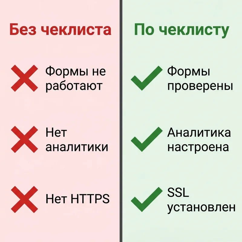 Сравнение: запуск сайта без чеклиста и по чеклисту приёмки