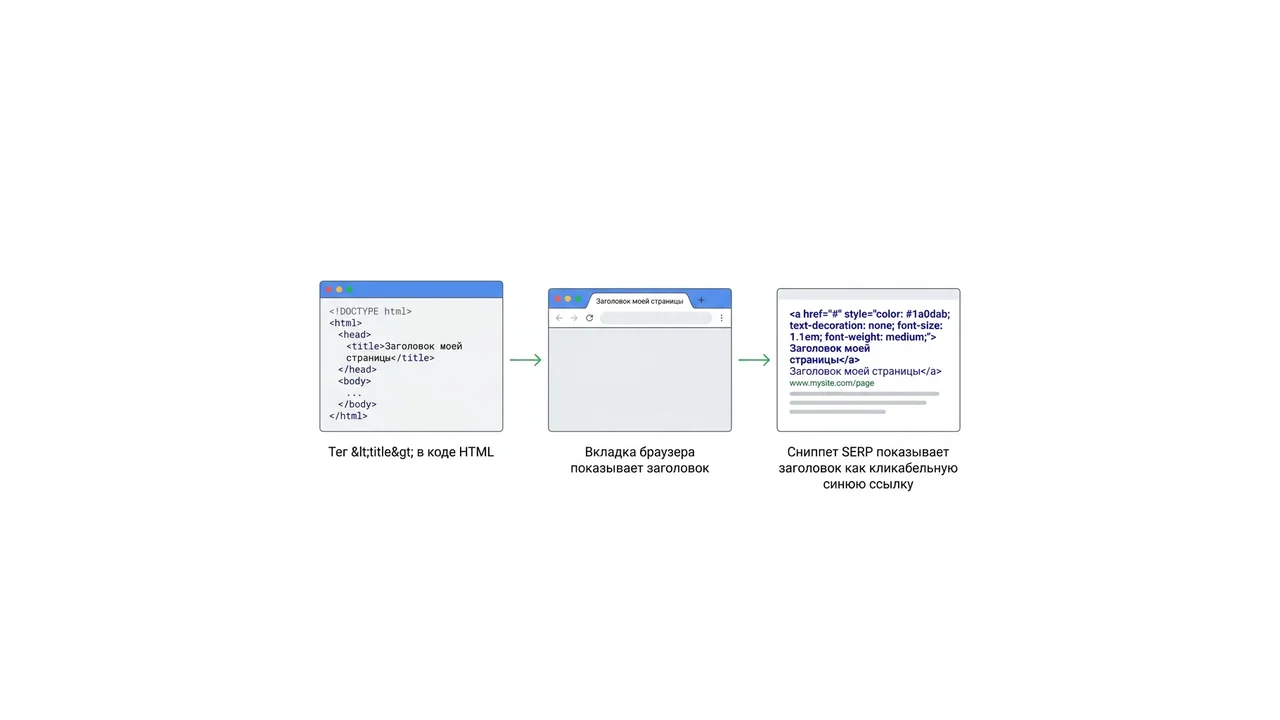 Схема: тег title в HTML → сниппет в выдаче → клик пользователя → рост CTR