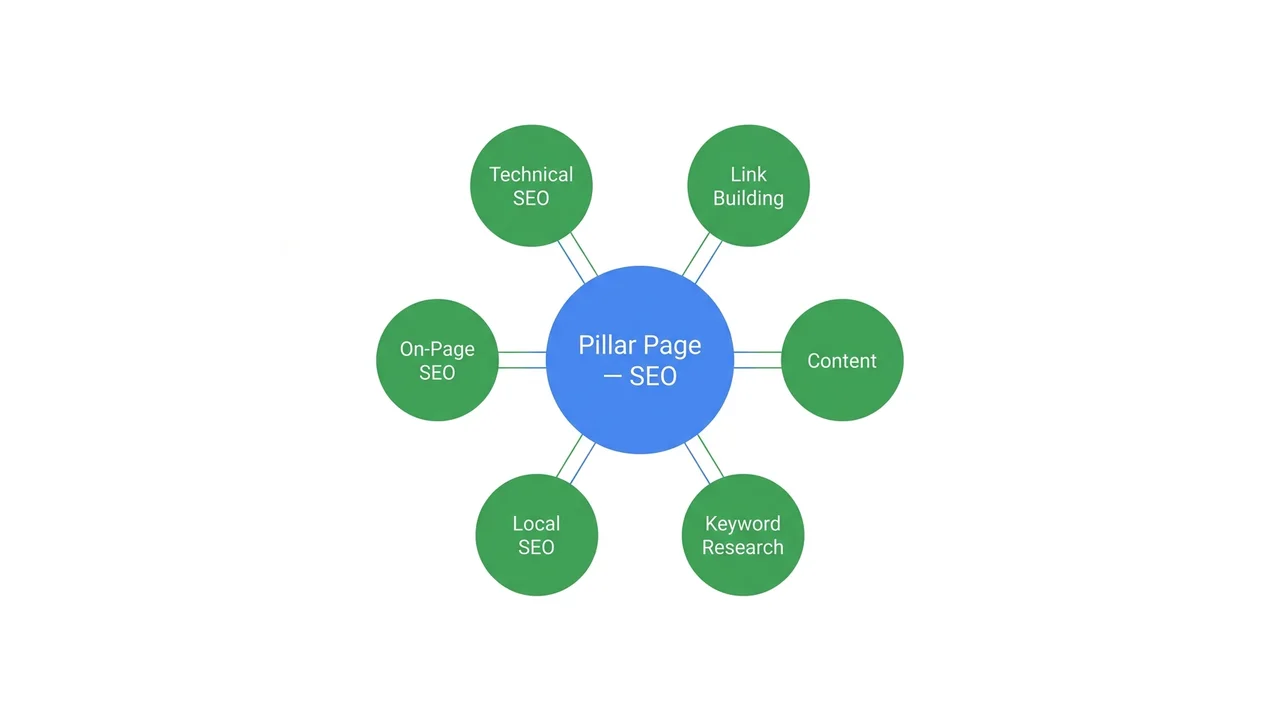 Topic clusters hub-and-spoke diagram: pillar page in center, cluster pages around