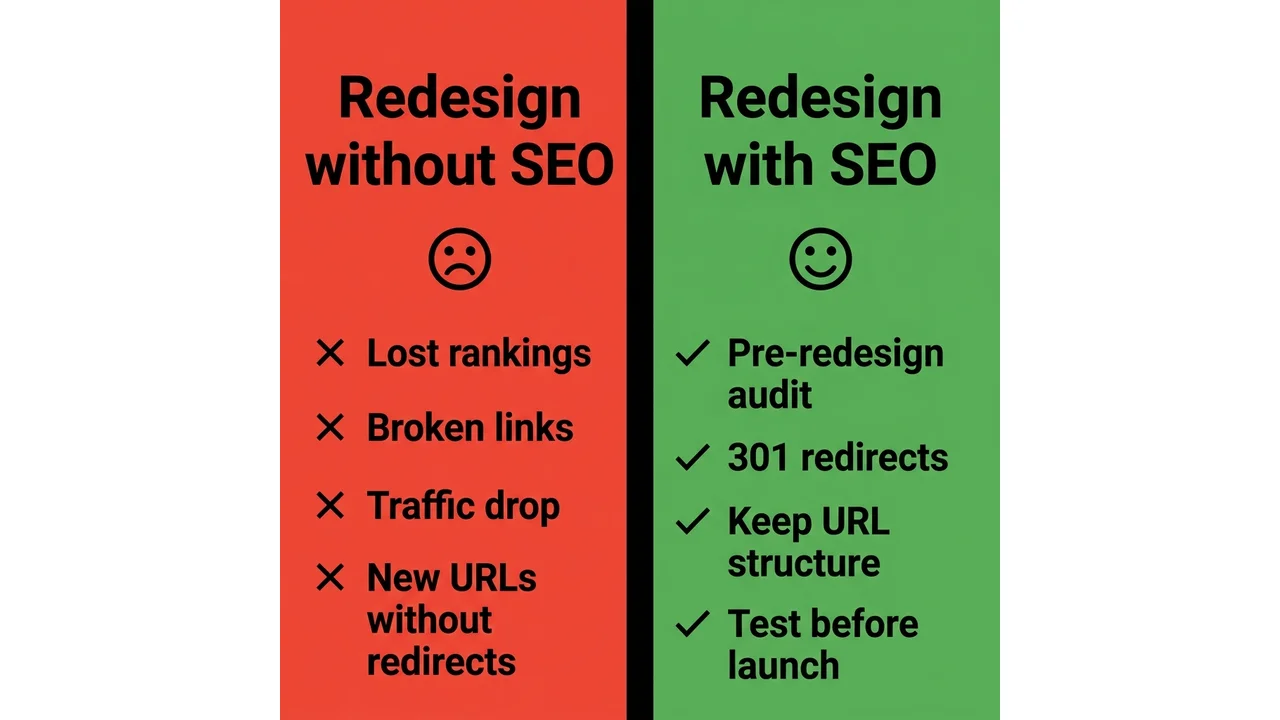 Website redesign without SEO vs with SEO: what's lost and preserved