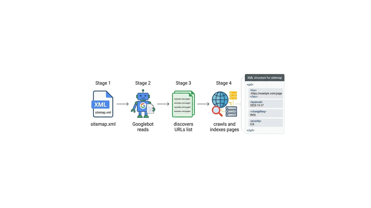 Diagram: Googlebot reads sitemap.xml and crawls the listed pages